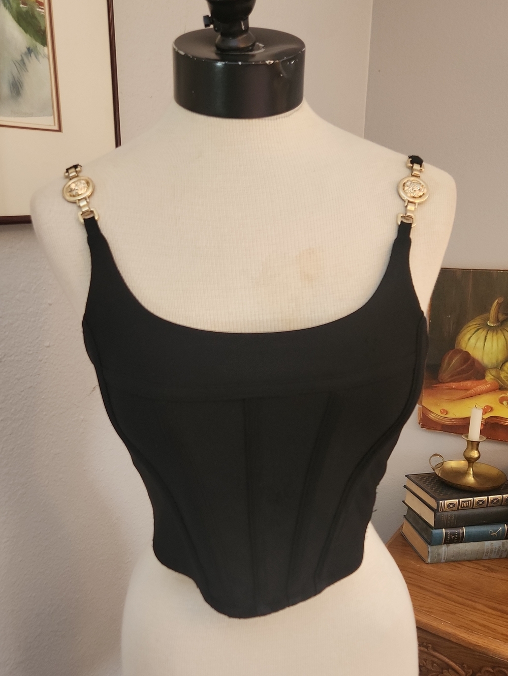 Bella Barnett Black Corset-Style Tank Top with Gold Lion Head Accent Straps Goth
